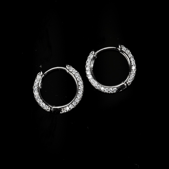 Thin White Gold 925 Sterling Silver Elegant Iced CZ Men's Huggie Hoop Earrings - Picture 3 of 4